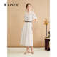 YINER音儿秋季 法式 大V翻领优雅A字米白色连衣裙