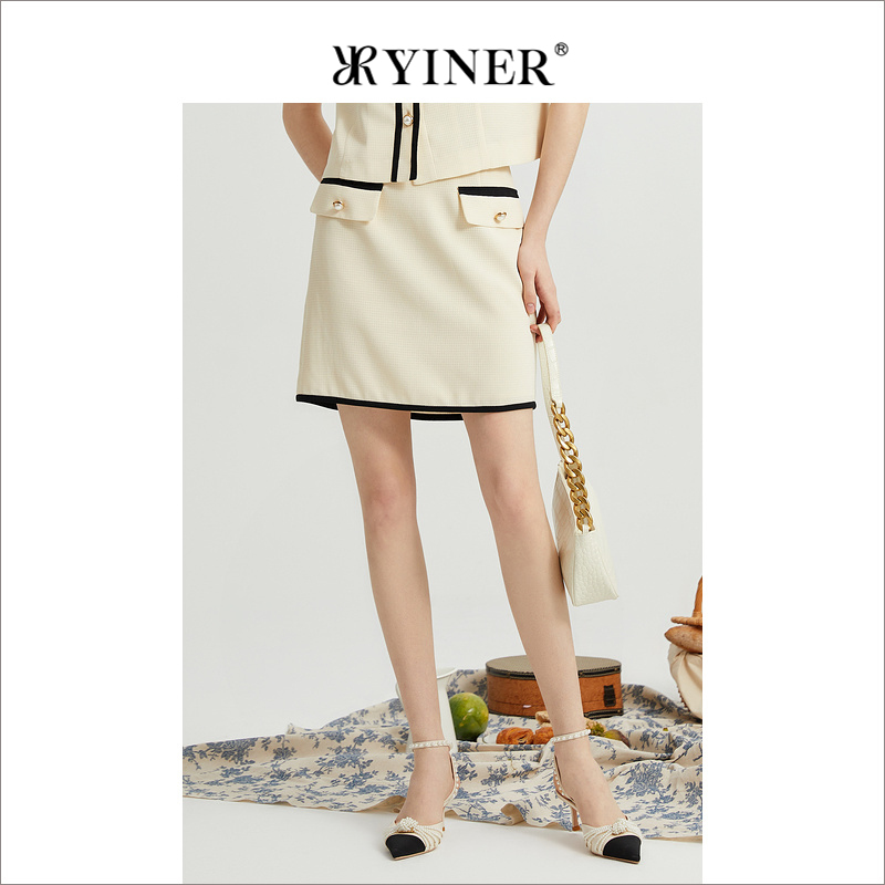YINER音儿女装夏季时尚通勤撞色线条细格纹半身裙