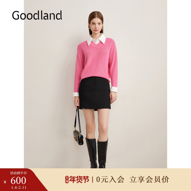 Goodland美地秋季撞色小翻领假两件毛针织衫玫粉上衣,女装/女士精品,毛针织衫,淘宝优惠券,粉丝福利购,淘宝优惠卷