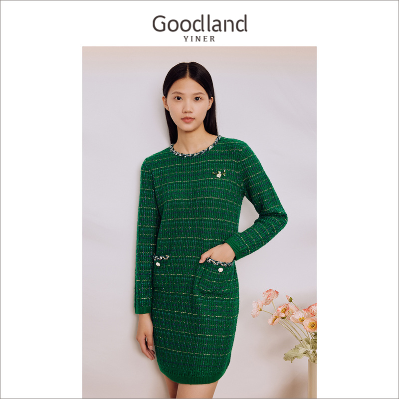 【名媛小香风】Goodland美地女装秋季小花饰品绿色连衣裙