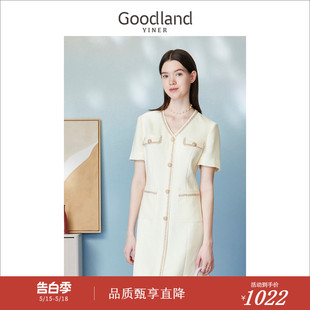 Goodland美地女装 夏季 名媛小香风 织带V领连衣裙