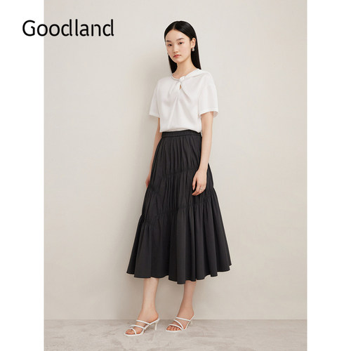 Goodland美地夏季不规则拼接收褶开衩A字半身裙