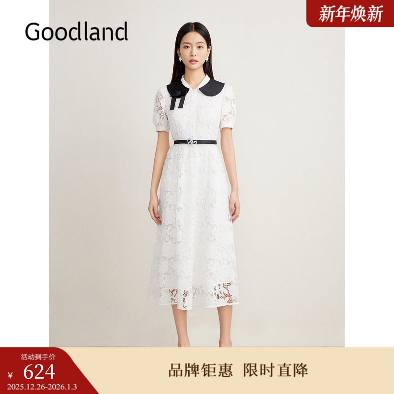 Goodland美地夏季撞色领镂空亮片蕾丝仙女连衣裙