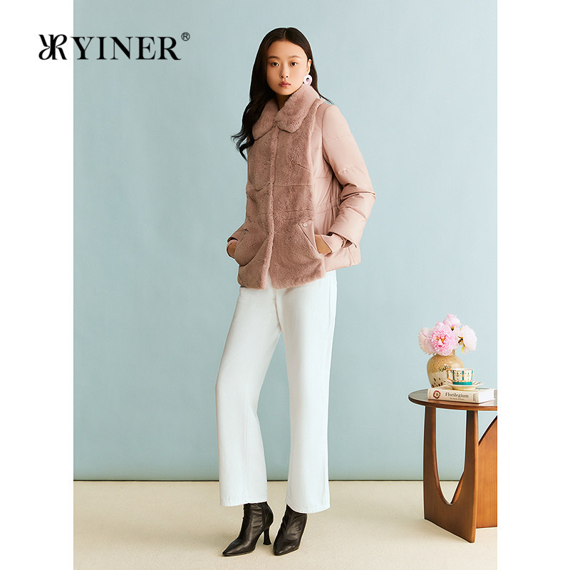YINER音儿专选冬季新款优雅一手长兔毛翻领羊皮真皮羽绒服