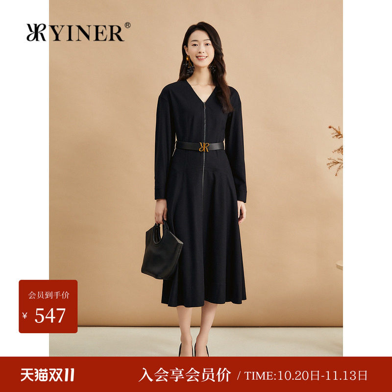 YINER音儿秋季绵羊毛半精纺V领小黑裙法式气质收腰连衣裙
