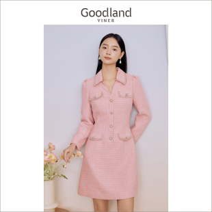 Goodland美地女装 花纱海鸥领商务连衣裙 2023冬季 名媛小香风