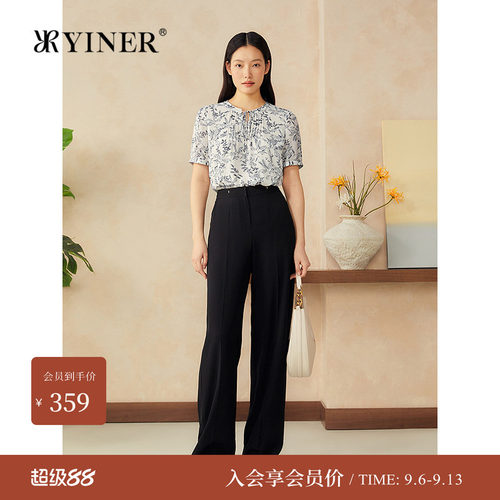 YINER音儿专选夏季新款新中式诗意海棠印花半开领衬衫上衣