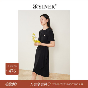 YINER音儿专选女装夏季简约法风褶皱短袖不对称修身连衣裙