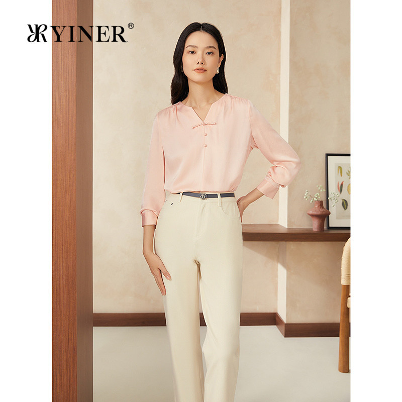 YINER音儿女装春季新中式盘扣半开领桑蚕丝衬衫上衣长袖粉色上衣