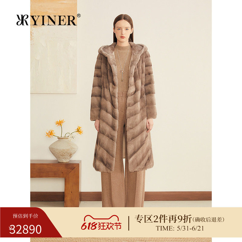 YINER音儿专选冬季新款长款横纹母貂整貂连帽水貂毛皮草外套