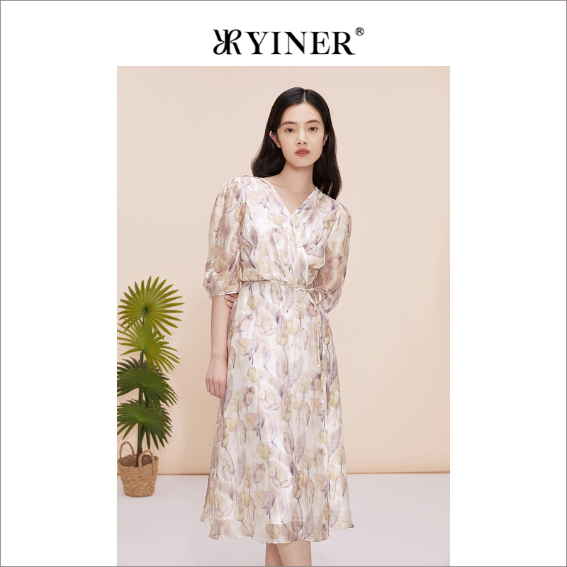 YINER音儿专选女装夏季法式优雅V领收腰印花短袖围裹式连衣裙