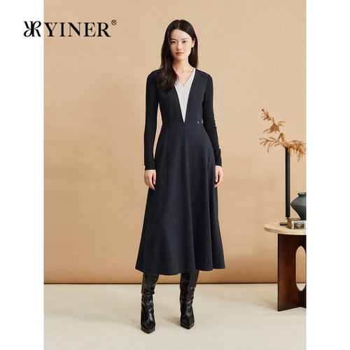 【美丽诺羊毛】YINER音儿冬季法式V领假两件优雅连衣裙