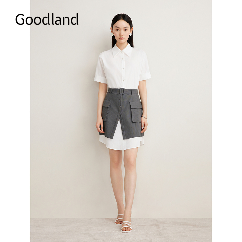 Goodland美地夏季设计感两穿式收腰衬衫连衣裙