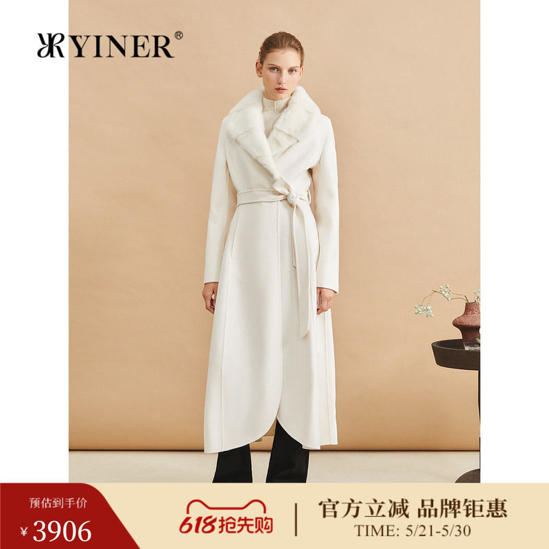 【绵羊毛+羊绒】YINER音儿女装冬季时尚双面毛呢大衣水貂毛领外