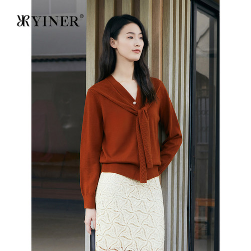 YINER音儿专选春季新款雅丹风领结装饰披肩假两件针织开衫