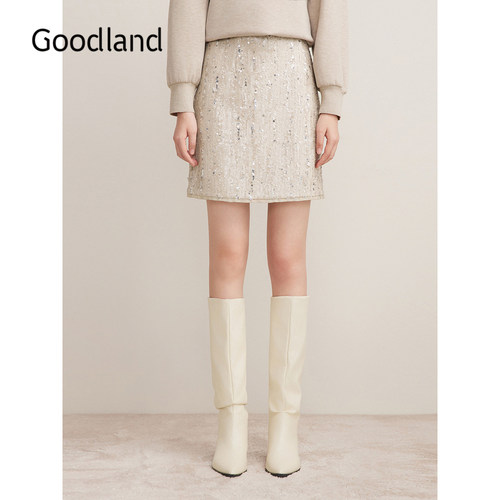 Goodland美地女装女装冬季时尚亮片星空小礼裙A字半身裙