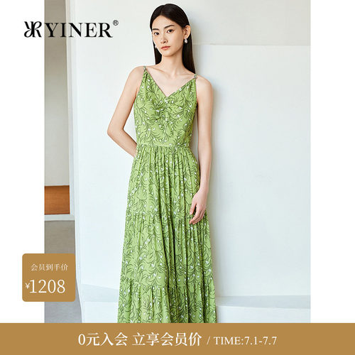 YINER音儿女装夏季优雅时尚艺术印花桑蚕丝V领吊带连衣裙