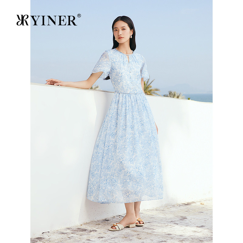 YINER音儿专选夏季新款镂空小V领虞美人方格雪纺纱印花连衣裙