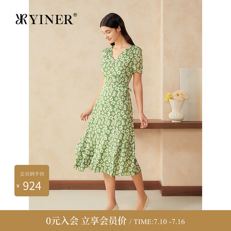YINER音儿专选女装夏季周末花园系列百合印花桑蚕丝茶歇连衣裙