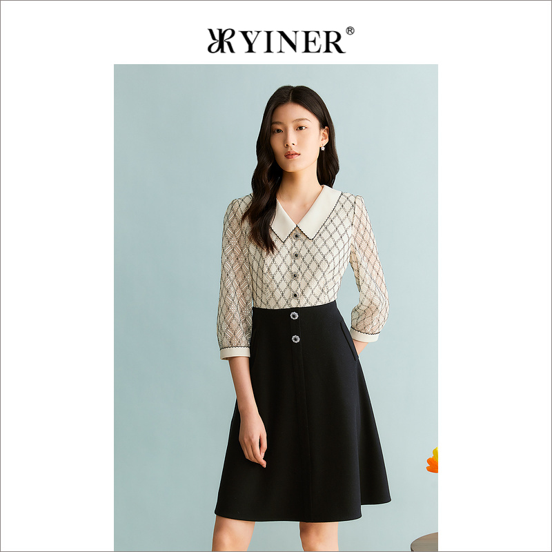 【假两件】YINER音儿专选秋季女装法式蕾丝大翻领连衣裙