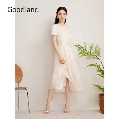 Goodland美地夏季法式优雅雪纺女神裙围裹式收腰连衣裙