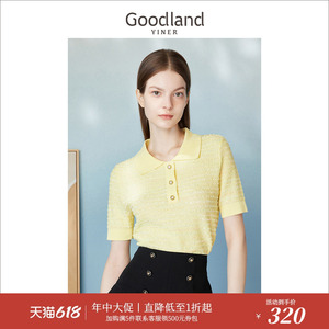 【小香风】Goodland美地女装夏季翻领鹅黄短袖POLO针织衫