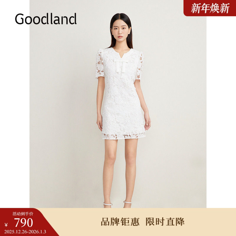 Goodland美地夏季法式蕾丝微收腰仙女连衣裙