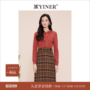 【中国红】YINER音儿专选春季复古格纹羊毛飘带拼接针织连衣裙