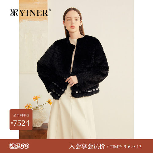 YINER音儿专选秋季新款优雅水貂毛拼接狐狸毛流苏短皮草外套长袖