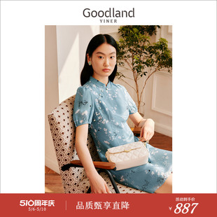 Goodland美地女装 夏季 真丝系列 中国风印花旗袍连衣裙