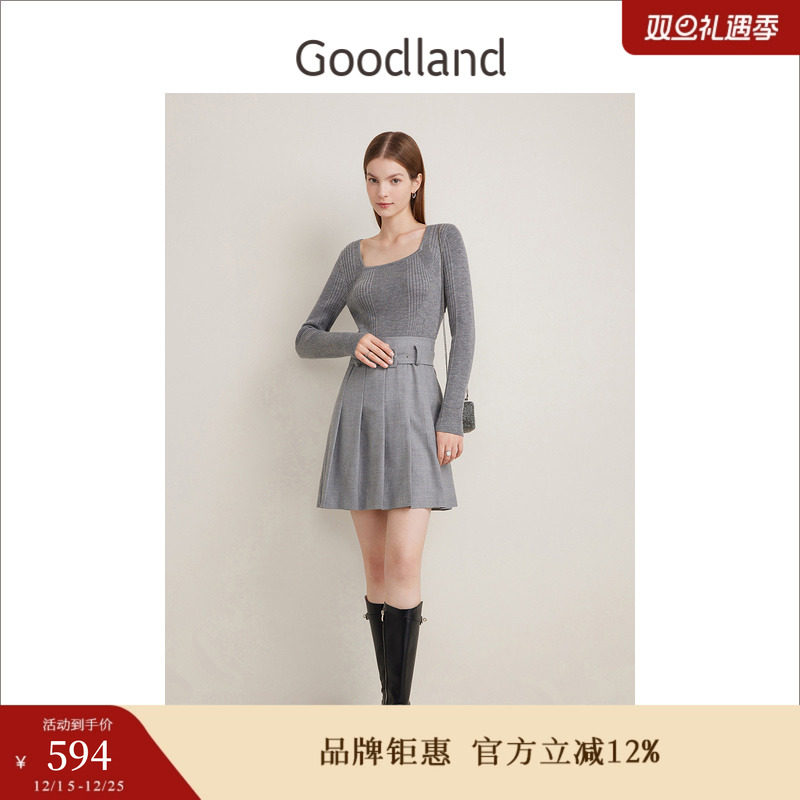 Goodland美地春季减龄48支纯绵羊毛织拼接百褶连衣裙