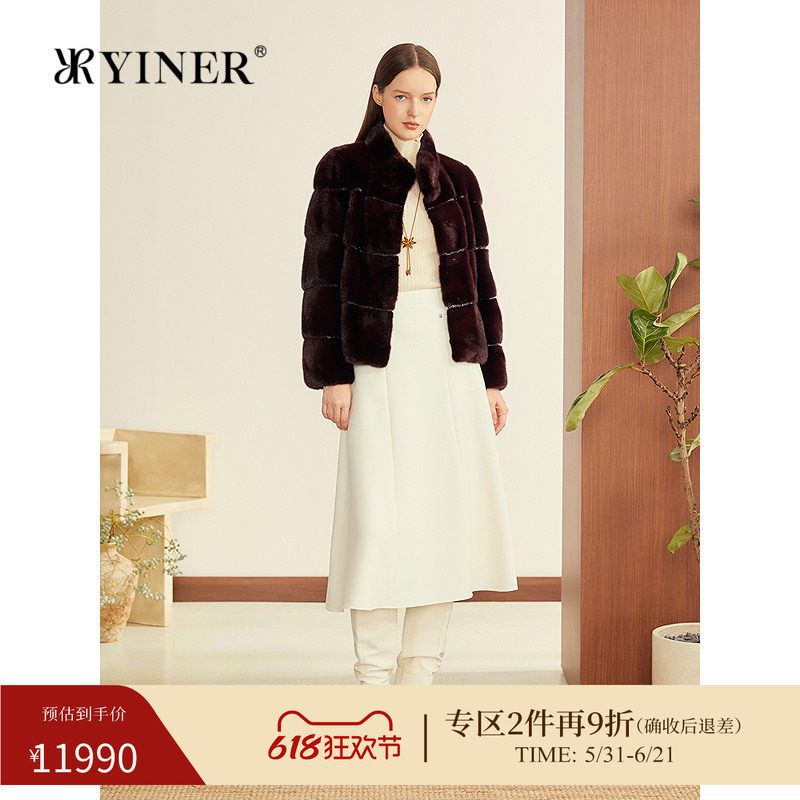 YINER音儿冬季新款法式酒红色进口水貂重工钉珠H型短款皮草