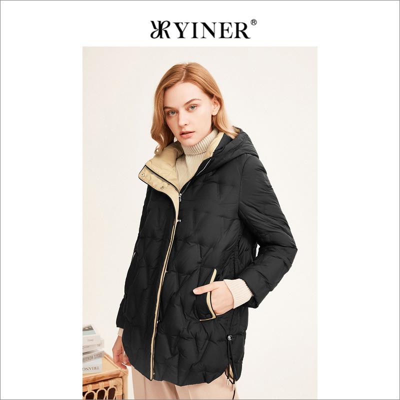 YINER音儿专选女装冬季时尚菱形衍纹白鸭绒保暖连帽羽绒服