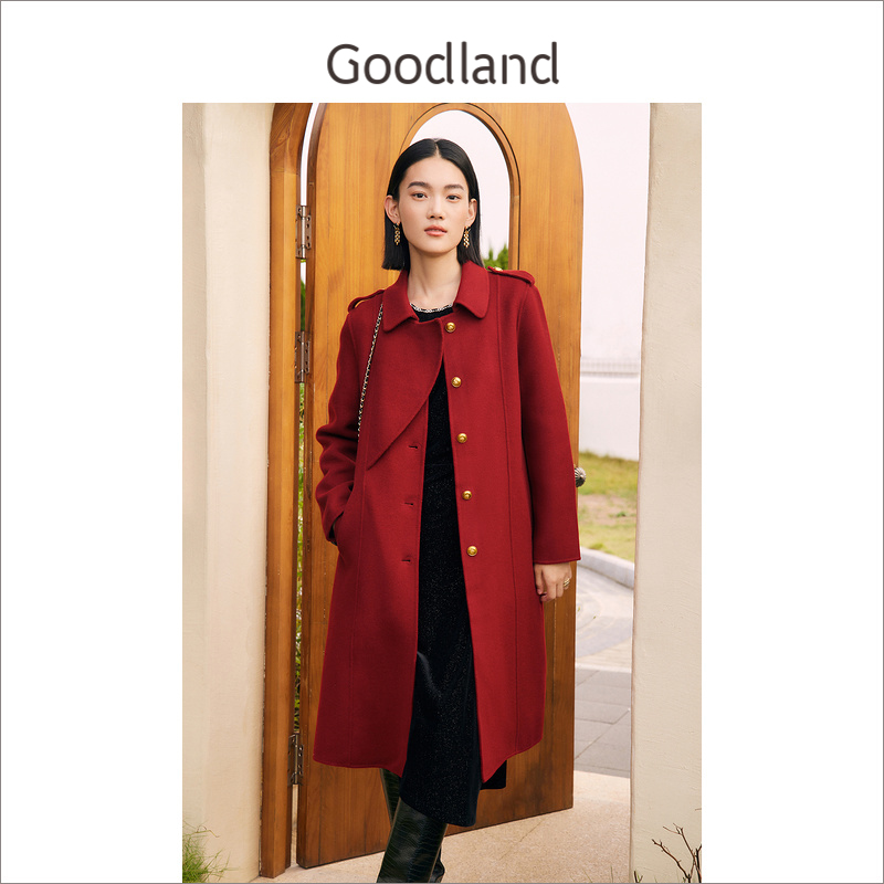 【中国红】Goodland美地女装冬季风衣式双面羊毛呢大衣