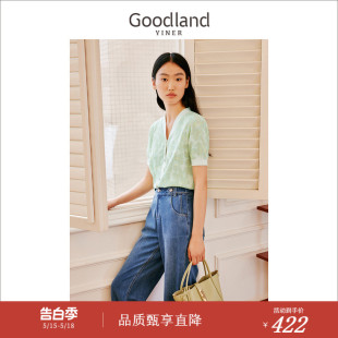 短款 Goodland美地女装 晕染艺术花型开衫 夏短袖 针织衫