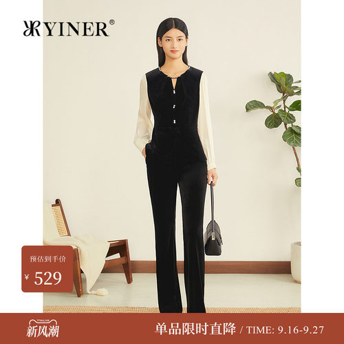 【反季】YINER音儿专选冬季丝绒海岛丝镂空拼接黑白撞色上衣女