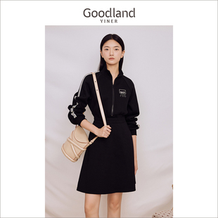 Goodland美地女装 立领针织收腰A摆运动风卫衣连衣裙 2023冬季