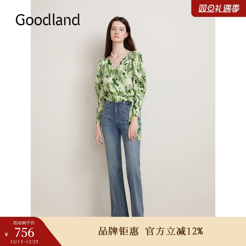 【真丝系列】Goodland美地春季桑蚕丝衬衫诗意碎花上衣