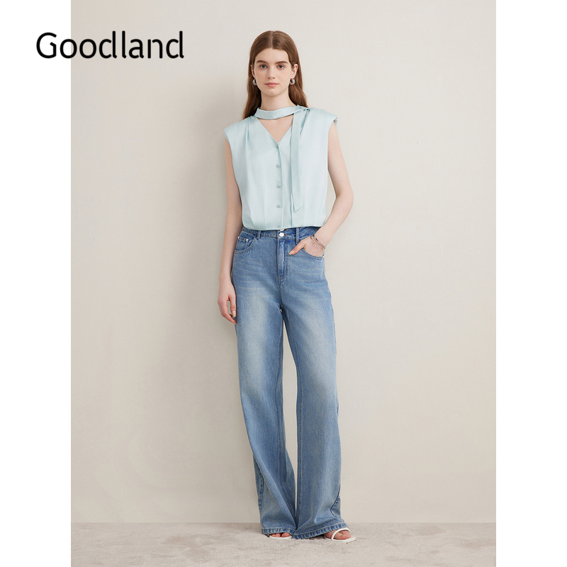 Goodland美地夏季亮丝斜纹法式飘带V领衬衫光泽感上衣