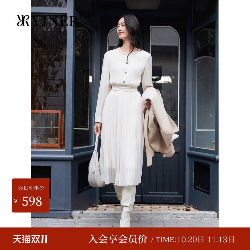 YINER音儿专选女装冬季艺术皱褶收腰百褶连衣裙