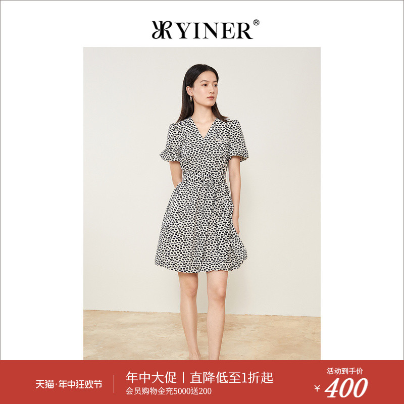 YINER音儿专选女装夏季法风复古印花V领连衣裙