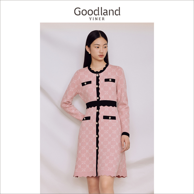 Goodland美地女装冬季时尚小香风猫咪图案撞色亮丝针织连衣裙