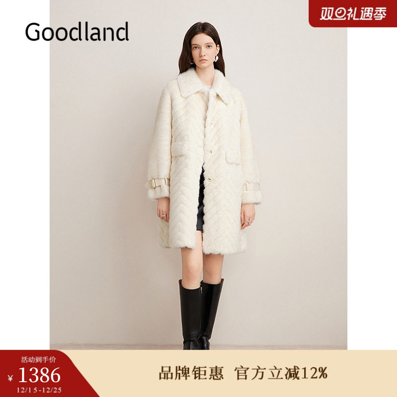 Goodland美地女装冬季法式长款翻领保暖仿皮草大衣外套