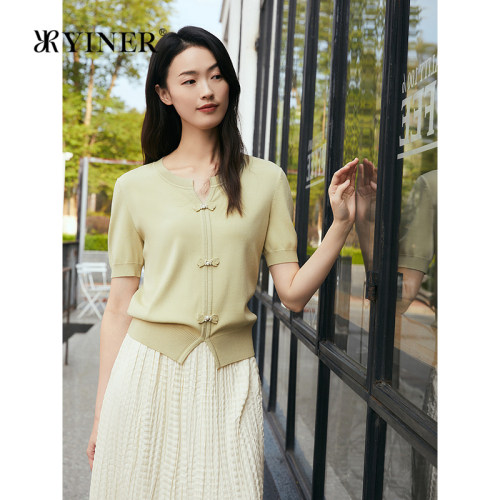 YINER音儿夏季新款法式优雅桑蚕丝小V领毛针织衫气质轻上衣