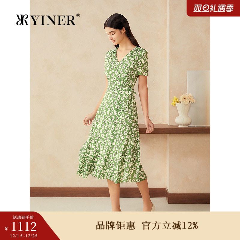 【周末花园】YINER音儿专选2025夏新款真丝百合印花茶歇裙连