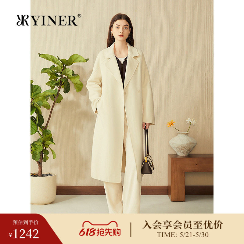 【100绵羊毛】YINER音儿专选春季新款双面毛呢大衣平驳领外套