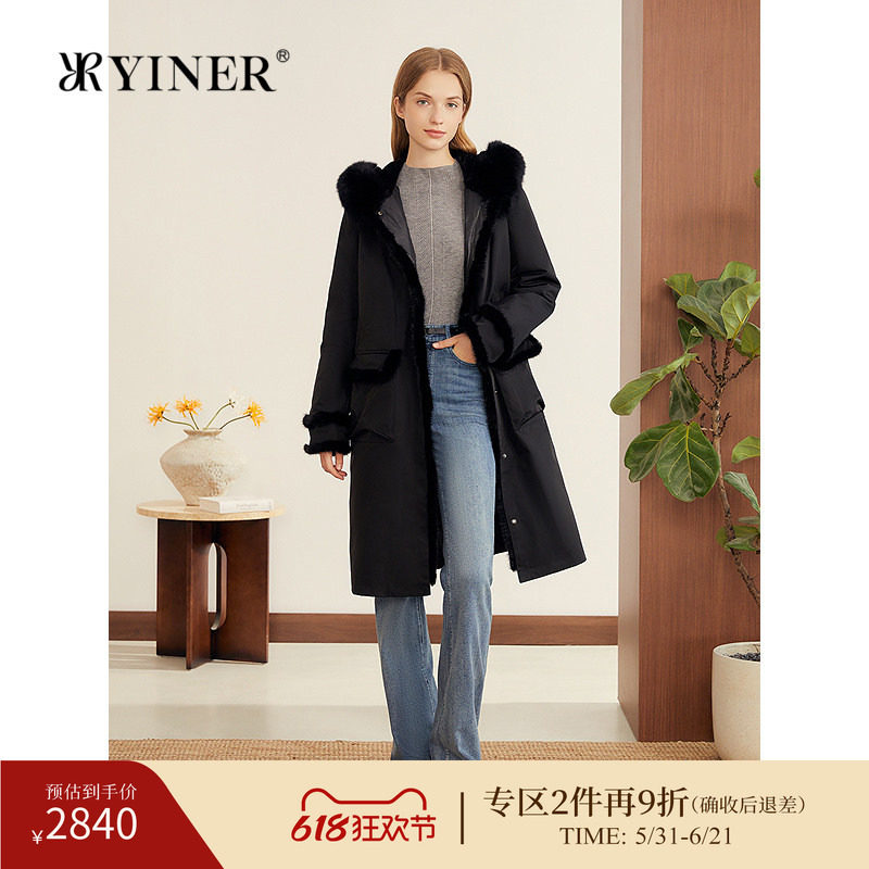 YINER音儿专选冬季新款可拆卸内胆水貂毛镶边狐狸毛领羽绒服