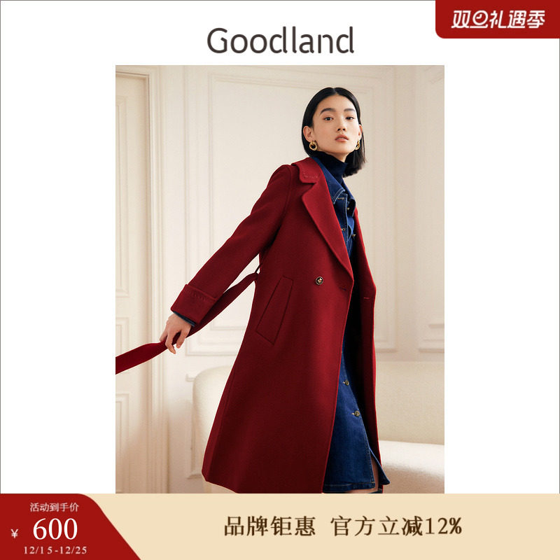 【中国红】Goodland美地女装冬季中长款纯羊毛双面呢大衣外套