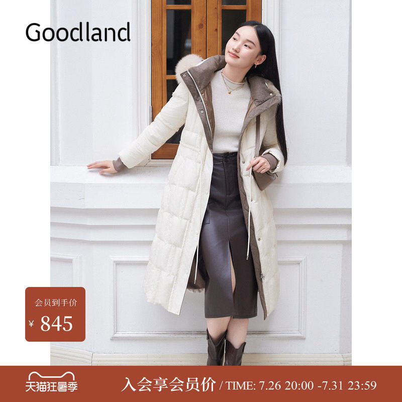 Goodland美地女装冬季时尚狐狸毛领中长款高克重白鸭绒羽绒服