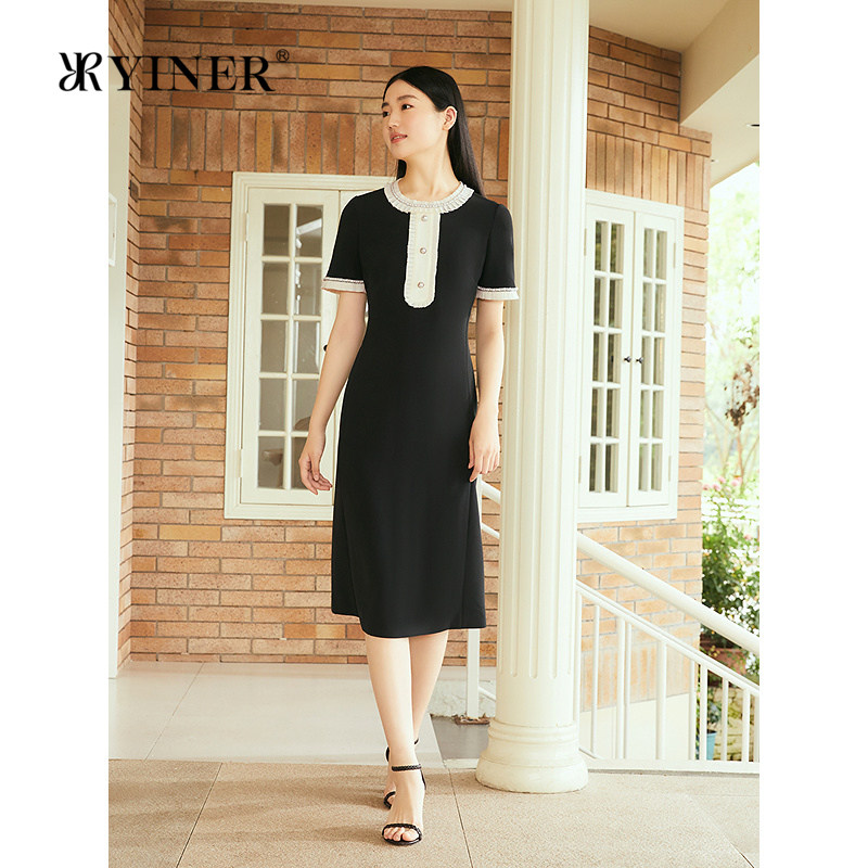 【雅致小黑裙】YINER音儿专选秋季新款撞色雪纺珠钻链连衣裙短袖